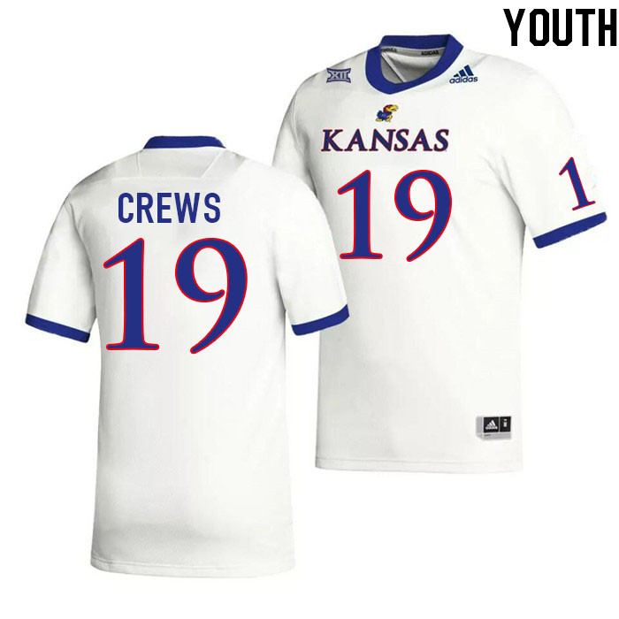 Youth #19 TJ Crews Kansas Jayhawks College Football Jerseys Stitched Sale-White - Click Image to Close